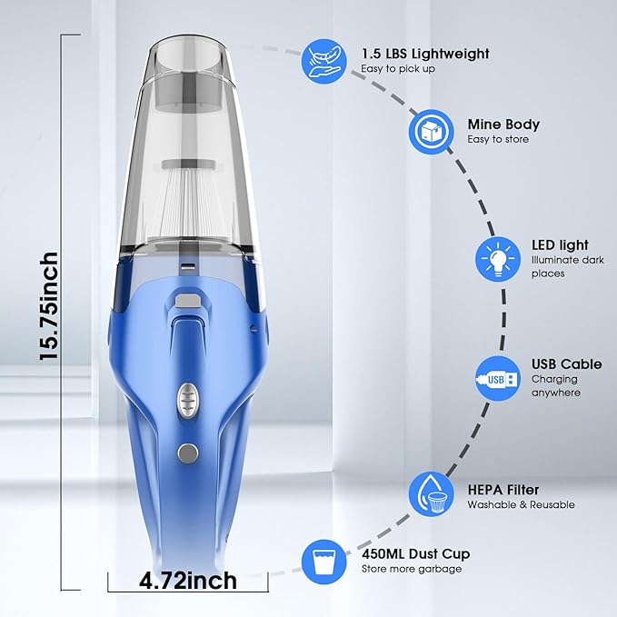 YOOHI Handheld Vacuum Cordless Rechargeable – 6000Pa Mini Hand Held Vacuum, LED Light, 20–25 Mins Runtime, USB Charging, 500ML Cup – Lightweight Small Vacuum Cleaner Cordless for Car/Office/Home