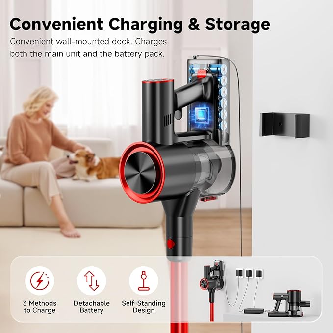 Clinkal Cordless Stick Vacuum Cleaner, 38Kpa Powerful Suction Vacuum Cleaner with LED Headlight, Detachable Battery, 8-in-1 Lightweight Handheld Vacuums for Pet Hair Carpet and Hardwood Floor, Red
