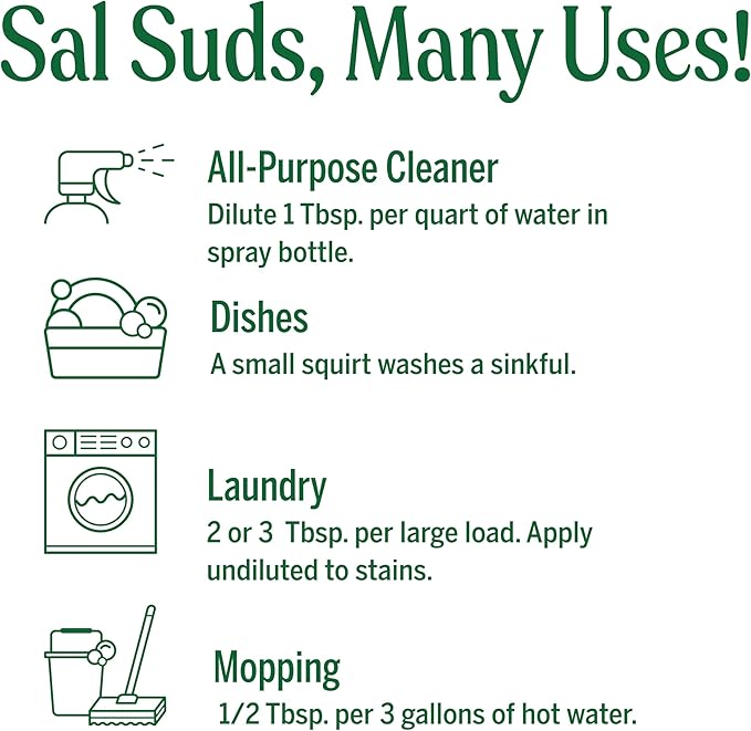 Dr. Bronner's Sal Suds Biodegradable Cleaner (32 Ounce, 2-Pack) – All-Purpose Mop Detergent for Floors, Kitchen & Bathroom, Multi-Surface Household Concentrate, Dish Degreaser & Laundry Use