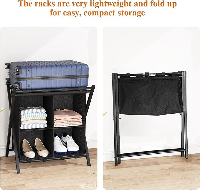 aboxoo 2 Pack Luggage Rack with storage, Guest Room Folding Suitcase Stands, Holds up to 120 lb, Space Saving Suitcase Holders for guest room, Bedroom Hotel, Black