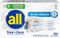 all Fabric Softener Dryer Sheets for Sensitive Skin, Free Clear, 195 Count