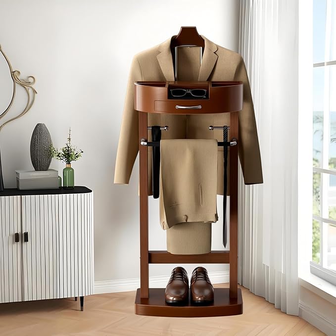 Wooden Suit Valet Stand for Men, Clothes Valet with Drawer, Shoe Rack, Tie Rack and Trouser Bar, Freestanding Clothes Organizer for Bedroom Entryway