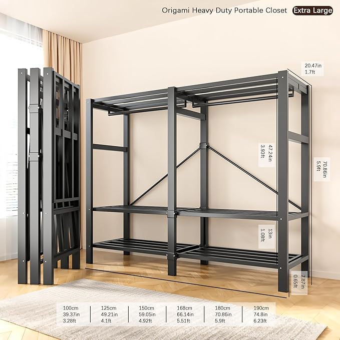 Foldable Portable Armoire Wardrobe Closet for Hanging Clothes Rack, Heavy Duty Covered Clothes Rack with Cover(HARDBOARD Magnetic), Closet Garment Rack for Bedroom Storage (KT Coffee, 66.14in)