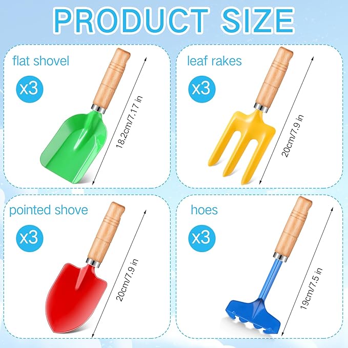 8" Kids Gardening Tools, Metal Beach Sandbox Digging Toys with Wooden Handle, Including Shovel, Rake, Fork and Trowel, Garden Sand Snow Tools for Children Gift Outdoor Gardening(12 Pcs)