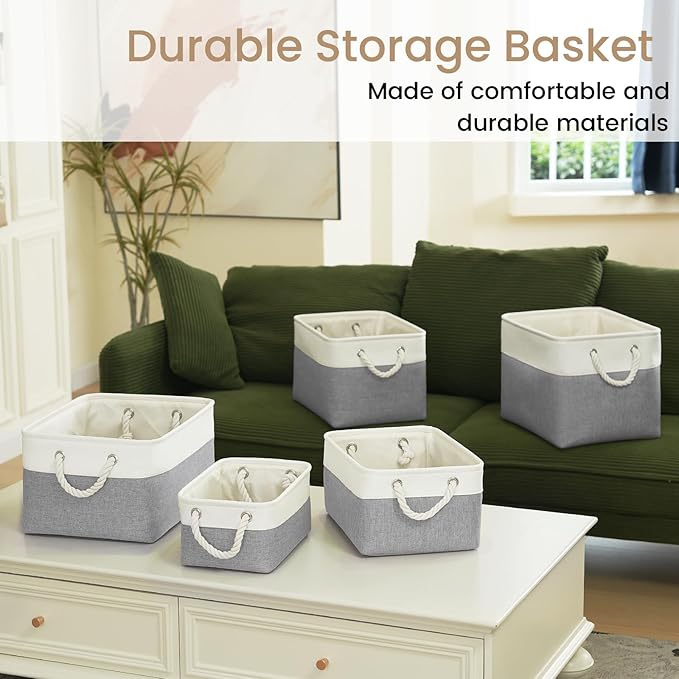 Large Storage Baskets- 15x11x10 inch Storage Bins for Shelves and Closet Organizing, Foldable Fabric Bin for Home Organization Clothes and Laundry (1-Pack, White&Gray)