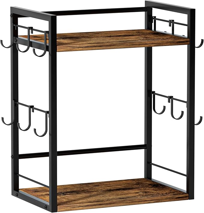 Dorhors 2 Tier Coffee Bar Accessories and Organizer,Multi-functional Mug Holder with 12 Hooks,Wood Coffee Station Organizer,Kitchen Countertop Shelf (Rustic Brown)