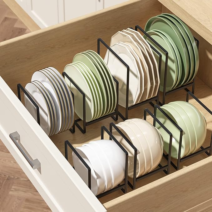 2 Large 2 Small Plate Organizers Holders Upright Cabinet Dish Drying Racks Metal Plate Dish Organizers Racks Stands for Countertop and Cupboard Black
