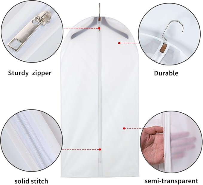 MsKitchen 12 Pack Long Garment Bags (24x60") - Dustproof Gown Covers - Durable PEVA Hanging Bags with Sturdy Zipper for Maxi Dresses, Long Coats & Dance Costumes (Translucent)