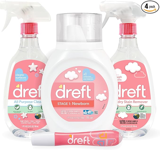 Baby Gifts Set by Dreft, Baby and Mom Gift Set with Liquid Laundry Detergent, Laundry Stain Remover, Stain Remover Pen & All Purpose Cleaner Spray, Great for Baby Showers