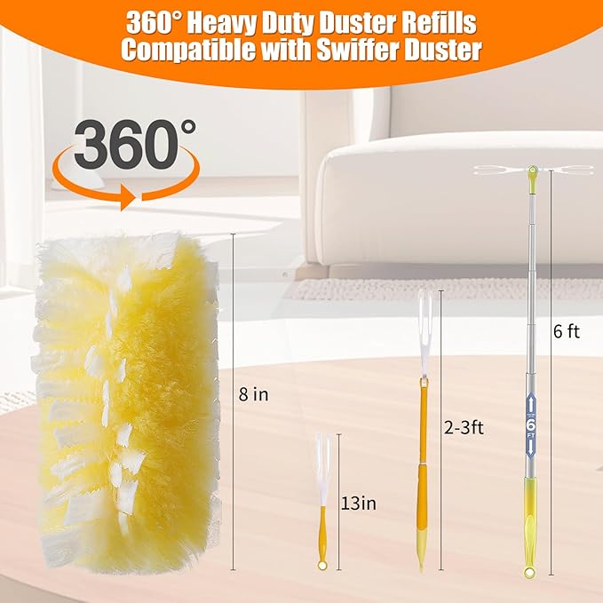 40 Count 360° Heavy Duty Duster Refills Compatible with Swiffer,Large Size-Extra Thick Disposable Electrostatic Feather Duster Refill with 1 Retractable Handle(35-inch Length Fully expanded)