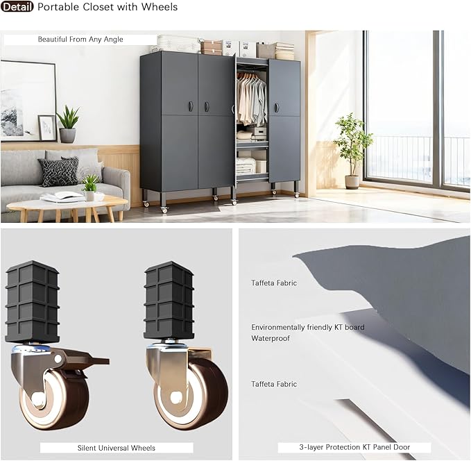 Foldable Portable Armoire Wardrobe Closet for Hanging Clothes Rack, Heavy Duty Covered Clothes Rack with Cover(HARDBOARD Magnetic), Closet Garment Rack for Bedroom Storage (KT Grey, 59.05in)