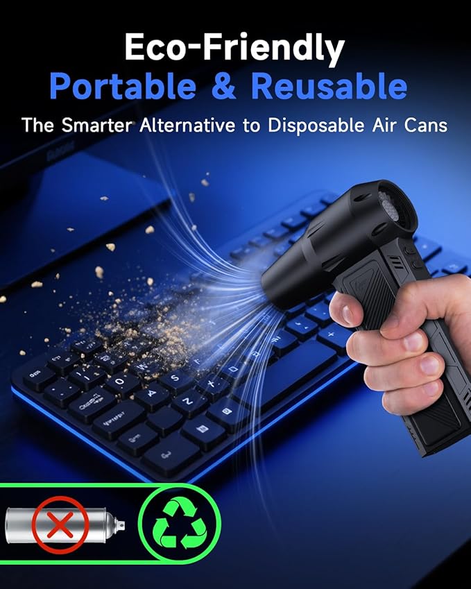RapAir Compressed Air Duster -150000RPM Super Power 3-Gear Cordless Electric Air Duster with LED Light, Fast Charging Rechargeable Air Blower for Computer, Keyboard, Car, Outdoor and Home