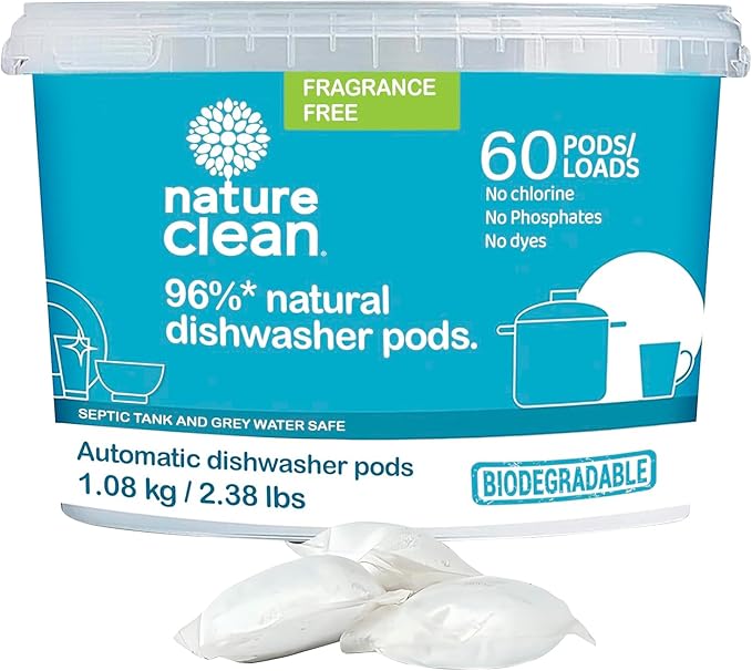 Nature Clean Non Toxic Dishwasher Detergent Pods, Plant-Based Dishwashing Pods, Non-Toxic & Unscented Dish Pods, Tough on Grease, Eco-Friendly Cleaning Power, 60 Count, Pack of 1