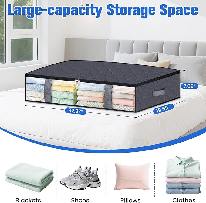 TasticTotes Under Bed Storage Containers, 6 Pack Blanket Storage Bags, Collapsible Storage Bags with Big Zippers, Clear Front, Shoe Storage and Organization for Clothes, Comforter, 75L, Grey