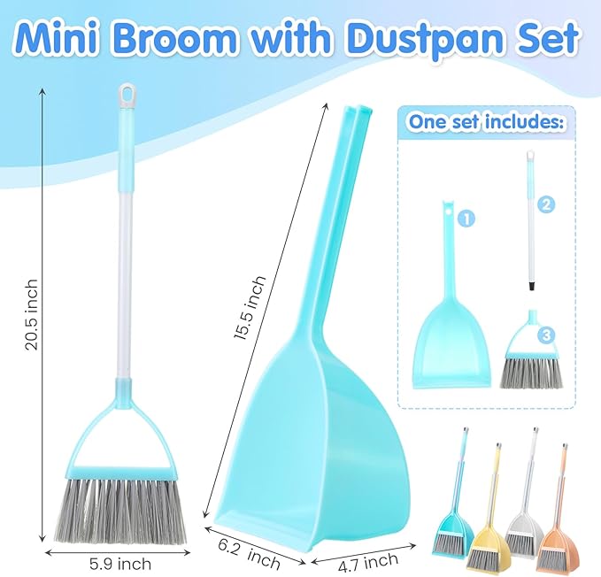 Roshtia 4 Pcs Mini Broom with Dustpan for Kids Broom and Dustpan Set Toddler Cleaning Set Boys Girls Small Cleaning for Kitchen Bathroom Pet (Yellow,Red,Green,Hoary)