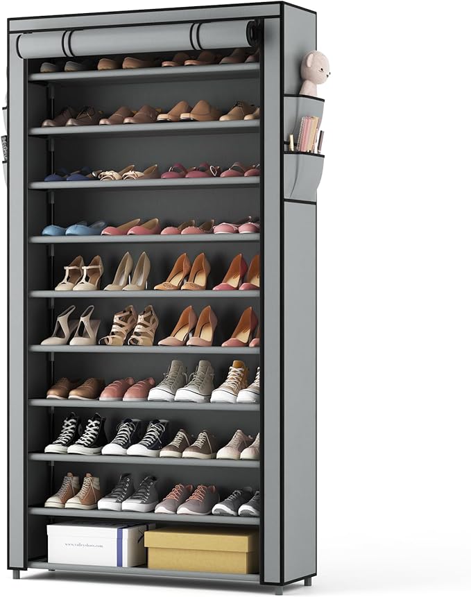 ROJASOP Shoe Rack with Covers, Stackable 10 Tier Tall Shoe Shelf Storage 50-55 Pairs Shoes and Boots Large Capacity Vertical Shoe Rack Organizer for Closet Entryway Garage Bedroom, Grey