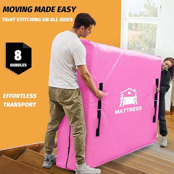 Mattress Bags for Moving, BETU Mattress Protector Waterproof Mattress Cover Queen Size Storage Bags with 8 Heavy-Duty Handles and Zipper for Bed Extra Thick Large Reusable (82"x62"x15" Pink)