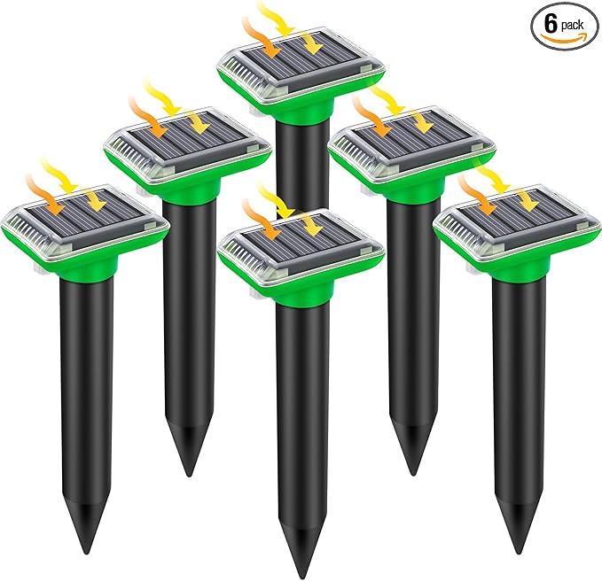 Solar Mole Repellent, Ultrasonic Gopher Repeller Outdoor, Solar Powered Waterproof Snake Repellent Deterrent Gopher Vole Snake Pest and Other Animals from Lawn Garden Yard Home(LightGreen, 6 Packs)