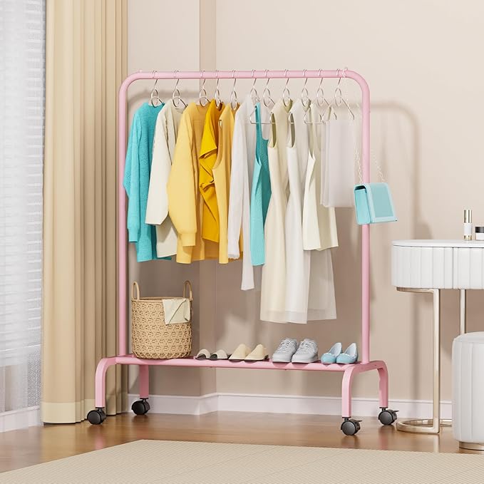 STARLATTA Rolling Clothing Racks for Hanging Clothes, Garment Rack for Clothes to Hang, Metal Portable Wardrobe Rack for Coats, Jackets, Shirts, Dress,Pink