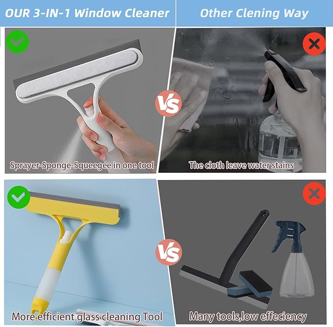 3 in 1 Window Squeegee, Cleaning Scraper with Scrubber Sponge Sprayer Clean Kit for Glass, Tile Walls, Shower Door, Car, Bathroom Cleaner (White)