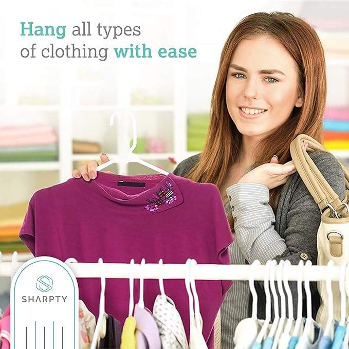 Sharpty Plastic Hangers Clothes Hangers for Clothing, Closet, Coats & Shirts - Durable & Space Saving - for Everyday Standard Use, Room Essentials & Basics - 20 Pack - White