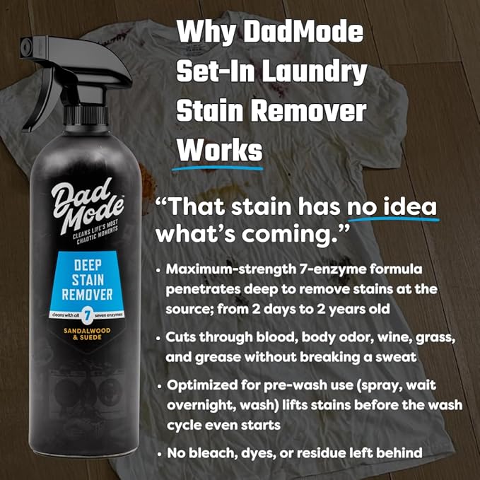 DadMode 7-Enzyme Laundry Stain & Odor Destroyer – Deep Cleaner for Extreme Clothing Messes Powered by Nuclease (DNAse) - Sandalwood & Suede, 16oz Refillable Bottle