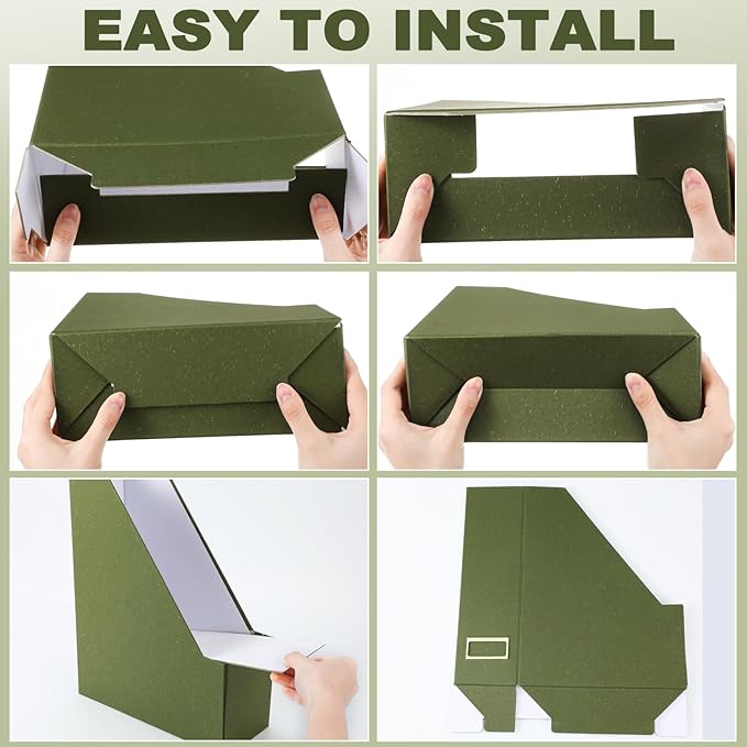 Gueevin Set of 6 Magazine File Holder Stylish Sturdy Cardboard File Boxes Desk Magazine Organizer Rack with Gold Label Holder to Organize Your Desk or Shelves for Home Classroom Office Library(Green)