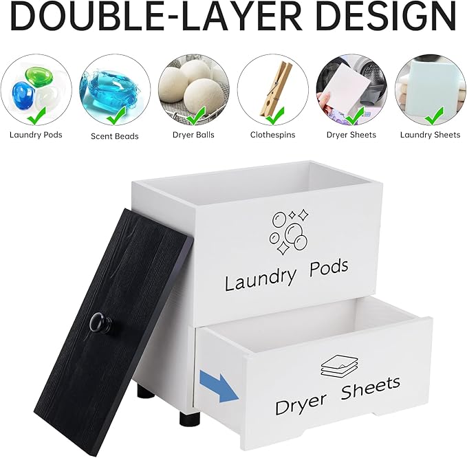 NiHome Large Capacity Laundry Room Supply Organizer for Laundry Pods, Sheets, Soap Bars Storage - Two-Layer Dryer Sheet Dispenser & Laundry Pods Container with Lid & Drawer for Laundry Room Decor