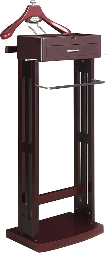 Proman Products Norstar Suit Valet Stand VL16245 with Detachable Hanger, Trouser Bar, Tie Bars, Mirror Tray & Drawer, 20”W x 15” D x 49”H, Mahogany