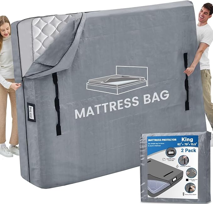 Mattress Bags for Moving and Storage, BETU Waterproof Mattress Protector King Mattress Cover with 8 Heavy Duty Handles and Zipper Extra Thick Moving Supplies for Bed (2 Pack:82x79x13.5 Grey)