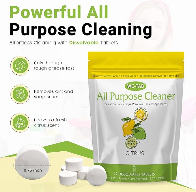 All Purpose Cleaner Concentrate Refill, Multi Surface Clean Refill, Non-toxic Cleaning Tablets 12-pack. Makes 192 fl oz (12x16Fl oz) Bottles of Spray Cleaner for Household, Bathroom & Kitchen Cleaning