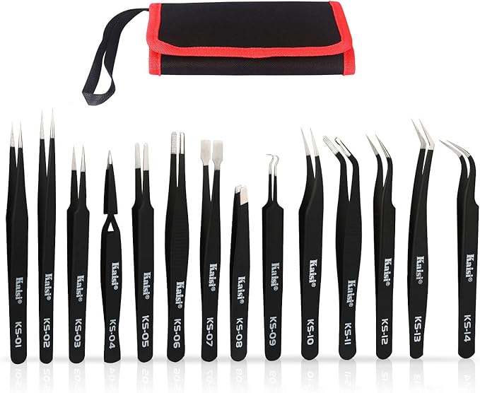 Kaisi 14 PCS Precision Tweezers Set, ESD Tweezer Set, Anti-Static Stainless Steel Tweezers Set for Craft, Jewelry, Electronics, Laboratory Work