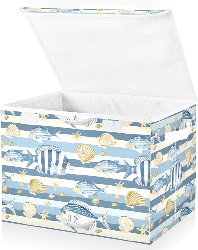 senya Large Storage Bins with Linen Collapsible Foldable Storage Cubes Fabric Closet Organizer Containers box with Flip-Top Lid for Home Bedroom Office 16.7 x 12.6 x 11.8in (Fish Shells Light Blue)
