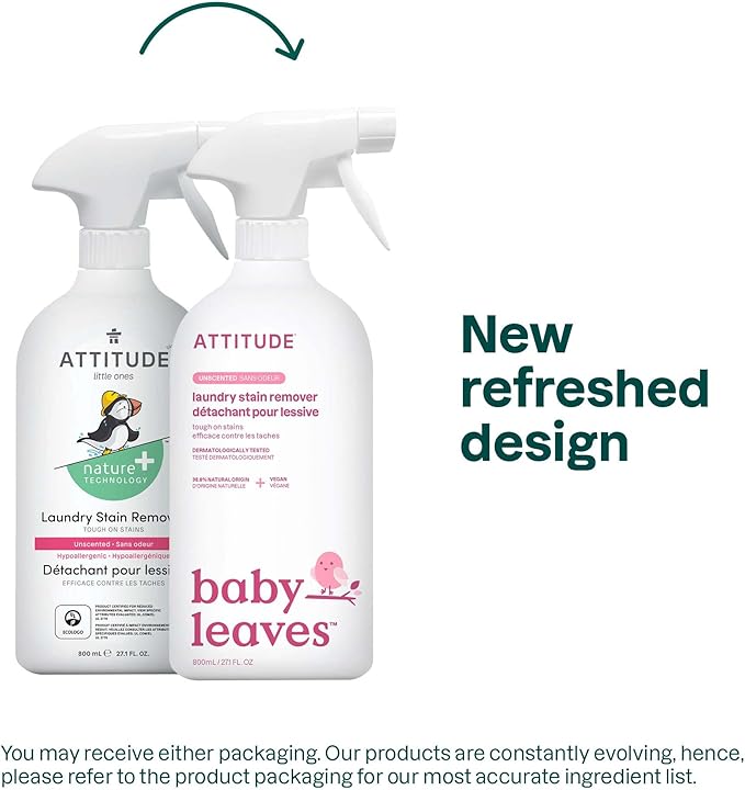 ATTITUDE Baby Laundry Stain Remover, Plant and Mineral-Based Ingredients, Vegan and Cruelty-free Household Products, Unscented, 27.1 Fl Oz