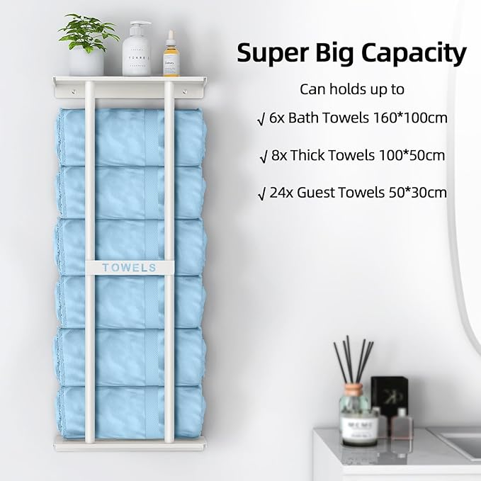 STWWO Wall Towel Rack for Rolled Towels, Towel Storage for Small Bathroom Can Holds 6 Large Towels, 30 inch Towel Racks with Shelf, White