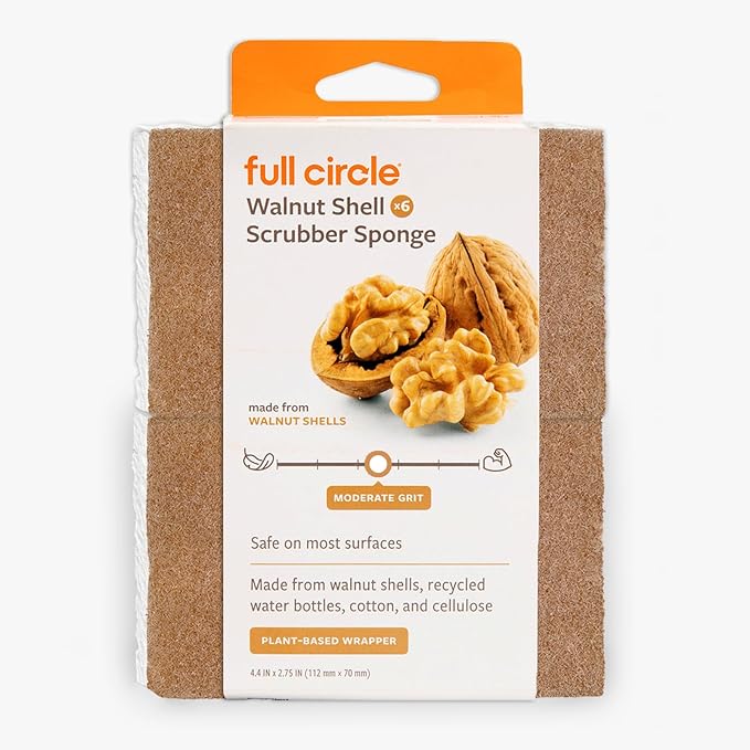 Full Circle Walnut and Cellulose Scrubber Sponges – Pack of 6 – Powerful, Non-Scratch Kitchen Sponges Made with Plant-Based Sustainable Materials, Safe for Nonstick Cookware
