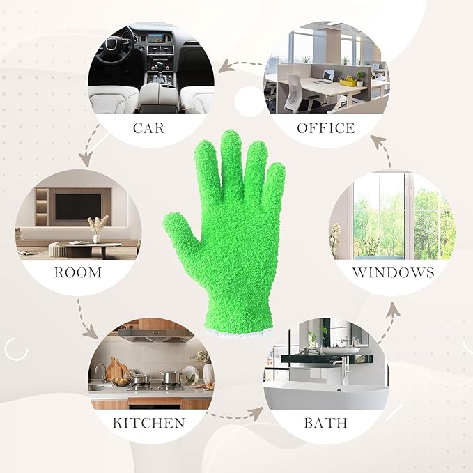 Evridwear Microfiber Dusting Gloves, Dusting Cleaning Glove for Plants, Blinds, Lamps and Small Hard to Reach Corners, 5 Pairs (Green L/XL)