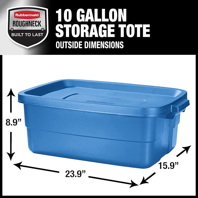 Rubbermaid Roughneck Tote 10 Gal, 6 Pack, Made in USA, Heritage Blue, Rugged Plastic Stackable Storage Bins with Lids and Handles