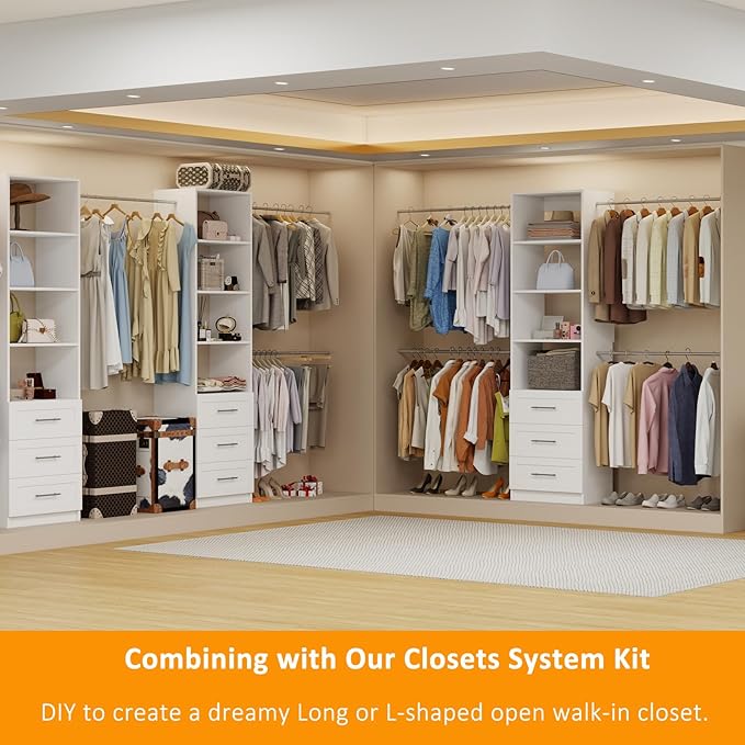 Closet System, 5FT-9FT Closet Organizer System with 4 Expandable Hanging Rods and Moveable Shelves, 115" Walk in Closet System with 3 Wooden Drawers, Custom Built in Closet, Wall Mount