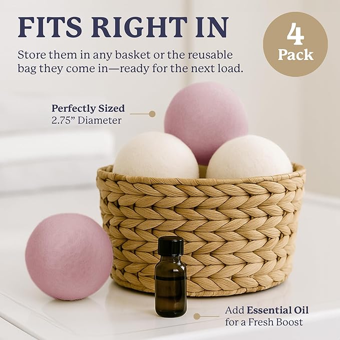 Farberware Wool Dryer Balls 4 Pack – Reusable 100% Wool Balls for Dryer – Natural Fabric Softener for Laundry, Towels & Bedding, Replaces Fabric Sheets & Liquid Softeners