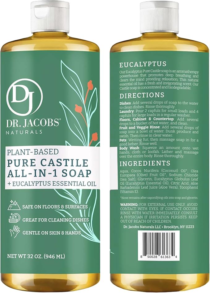 Dr. Jacobs Naturals Eucalyptus Castile All-in-One Cleaner and Soap - Plant-Based Formula for House Cleaning Floors and Appliances - Gentle on Skin and the Planet - 32 oz, 2 Pack