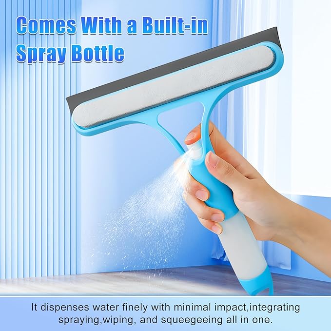 3 in 1 Window Cleaning Scraper, Cleaner Window Squeegee with Sprayer, Squeegee and Scrubber Spray Bottle Window Squeegee for Shower Glass,Mirrors,Car,Home,All-Purpose Window Cleaner Tool (Blue+White)