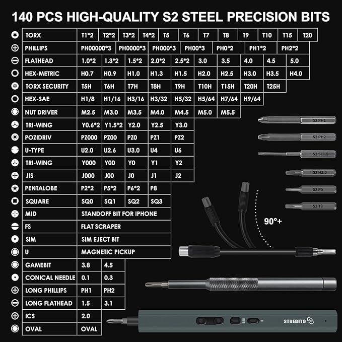 STREBITO Mini Electric Screwdriver, 155 in 1 Electric Precision Screwdriver Set with 140 S2 Magnetic Bits, Max 5 N.m, 650mAh Battery, Small Power Screwdriver Electronic Repair Tool Kit for Computer RC