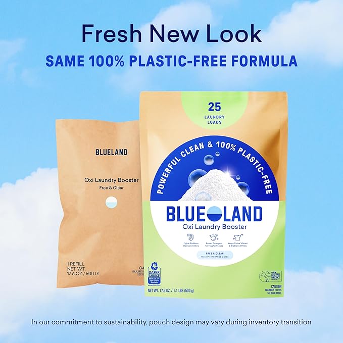 BLUELAND Oxi Laundry Booster Powder with Tin, Starter Set, Fragrance Free & Clear, 25 Loads, 17.6 oz, Plastic-Free, Eco Friendly, Oxy Cleaner, Stain Remover