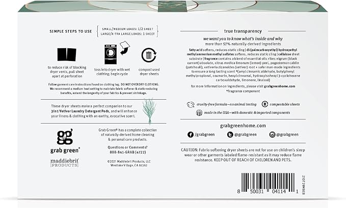 Grab Green Dryer Sheets, 160 Sheets, Vetiver Scent, Plant and Mineral Based, Compostable, Softens Fabrics, Reduces Static Cling and Wrinkles