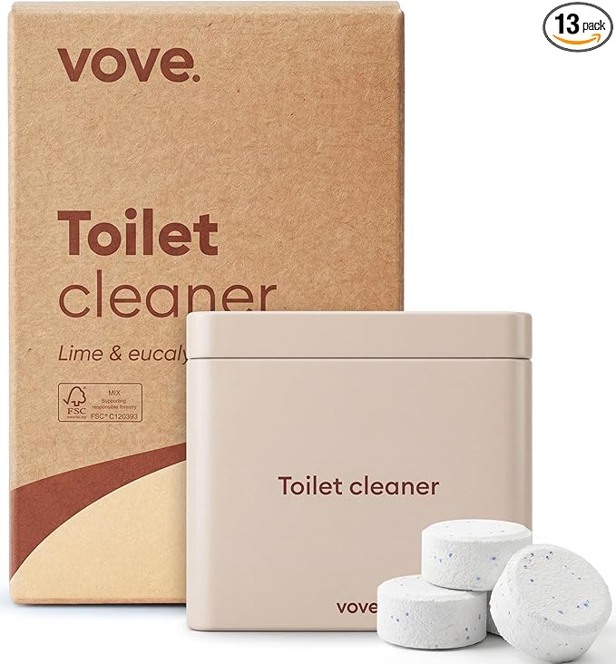 Vove Probiotic Toilet Bowl Cleaner Tablets Starter Set with Tin, 12 Count - Lime Eucalyptus, Citric Acid + Oxygen Bleach, Removes Hard Water & Limescale, Plant-Based, Septic Safe, Plastic-Free