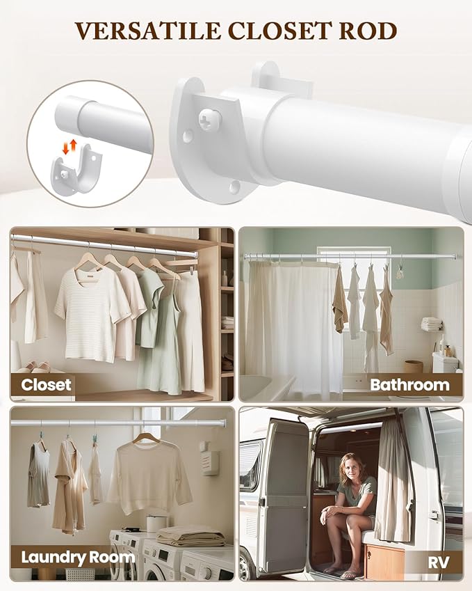 Closet Rod 17-84 IN, Heavy Duty Closet Rods for Hanging Clothes, Adjustable Closet Rods for Wardrobes Storage Laundry RV Bathroom, Easy Install, White