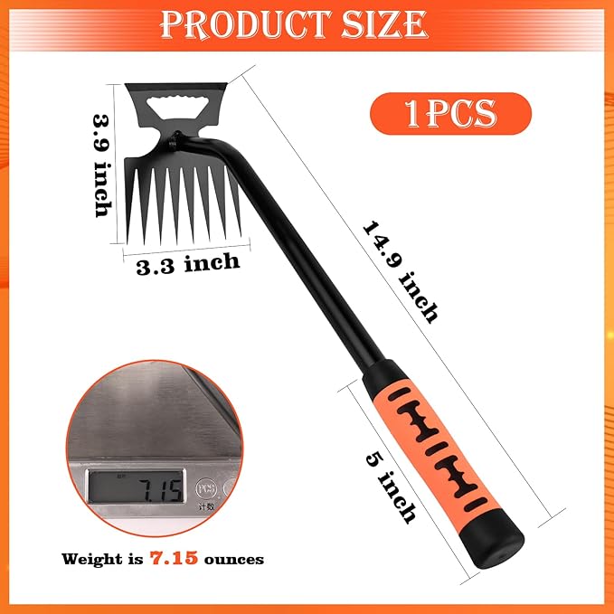 Portable Weed Removal Tool - 8-Prong Manganese Steel with Black Baked Rust-Proof Coating for Garden Lawn Farm, Non-Slip Rubber Handle