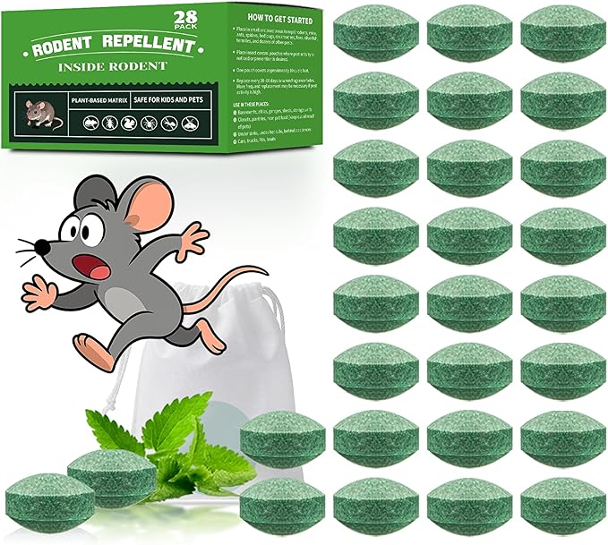 28 Pack Mouse Rodent Repellent, Safe for Kids and Pets, Effective Mouse Control for Home, Garage, Basement, Garden and Storage Areas