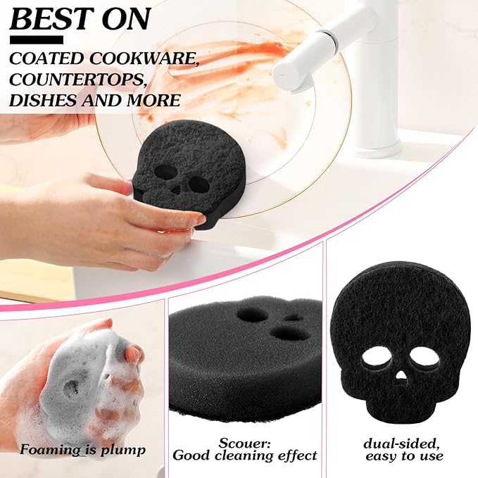 Tioncy 12 Pack Skull Sponges Bulk Gothic Dual Sided Scrubber Black Skull Sponges Reuseble Non Scratch Dishwashing Kitchen Cleaning Accessories for Cookware Pot Boiler Pan Household